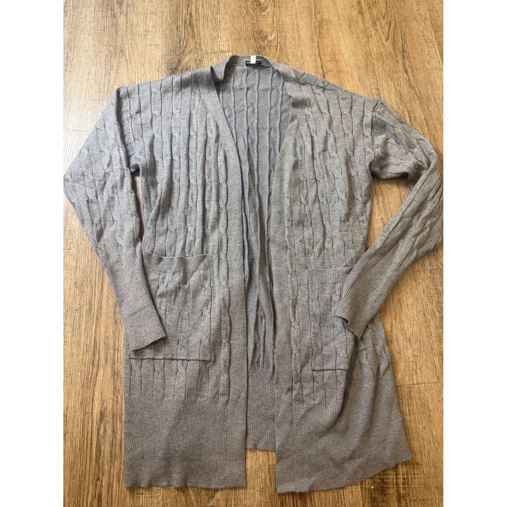 Cielo Gray Cable Knit Longline Open Front Cardigan Sweater Pockets Large